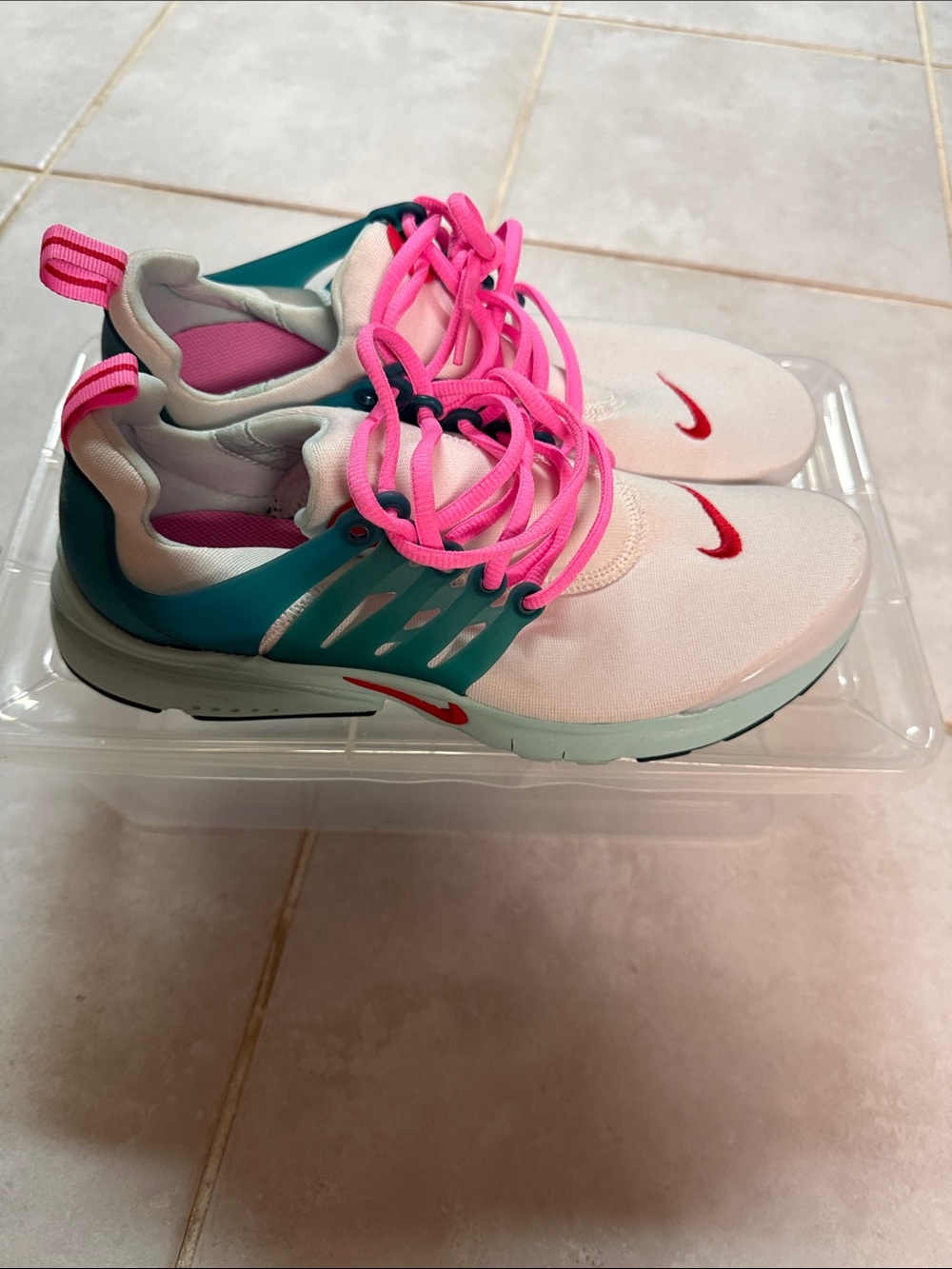 Nike Kids White Sneakers with Pink Laces & Teal Cage